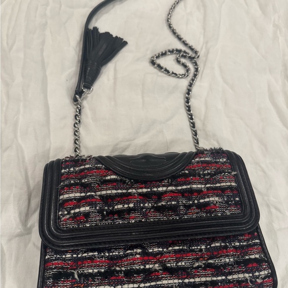 Authentic Tory Burch Fleming Chic Black and Red Tweed Chain Bag - Picture 2 of 15